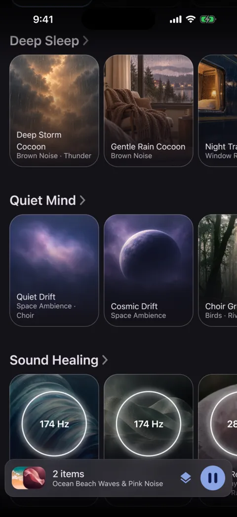 Home screen with Deep Sleep, Quiet Mind and Sound Healing rows